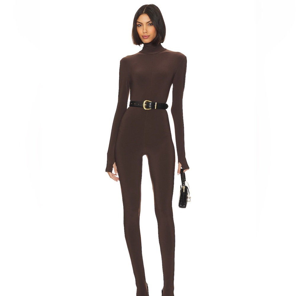 Norma Kamali Slim fit turtle catsuit with footsie in chocolate